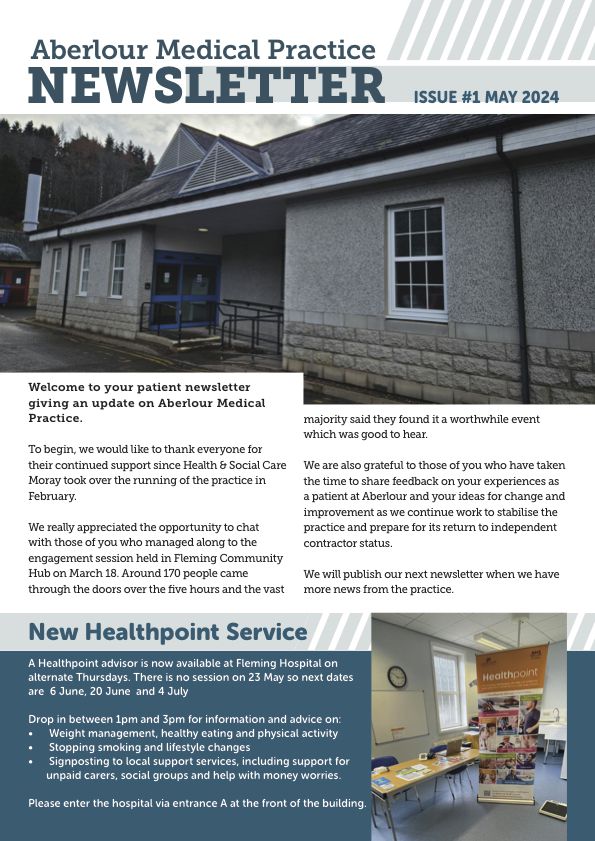 Cover of the Aberlour Medical Practice newsletter