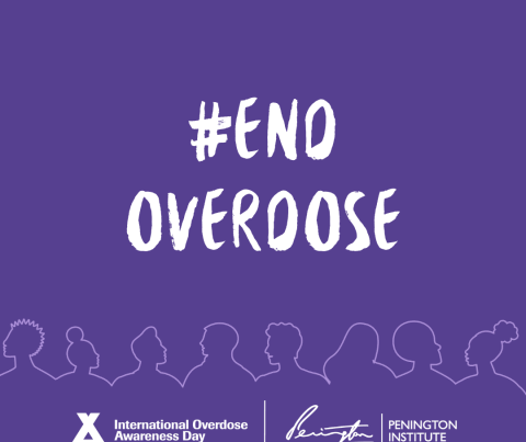 The quote #END OVERDOSE in white writing against a purple background for International Overdose Awareness Day 2025.