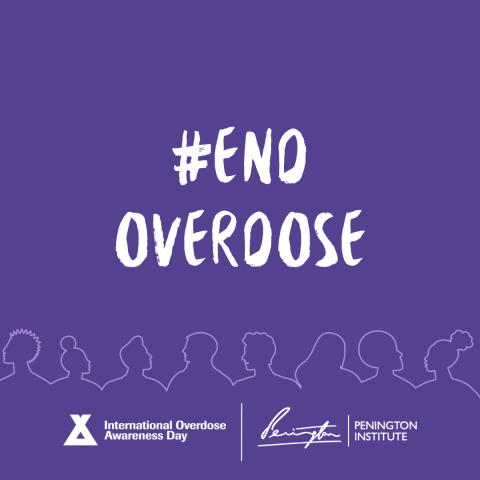 The quote #END OVERDOSE in white writing against a purple background for International Overdose Awareness Day 2025.