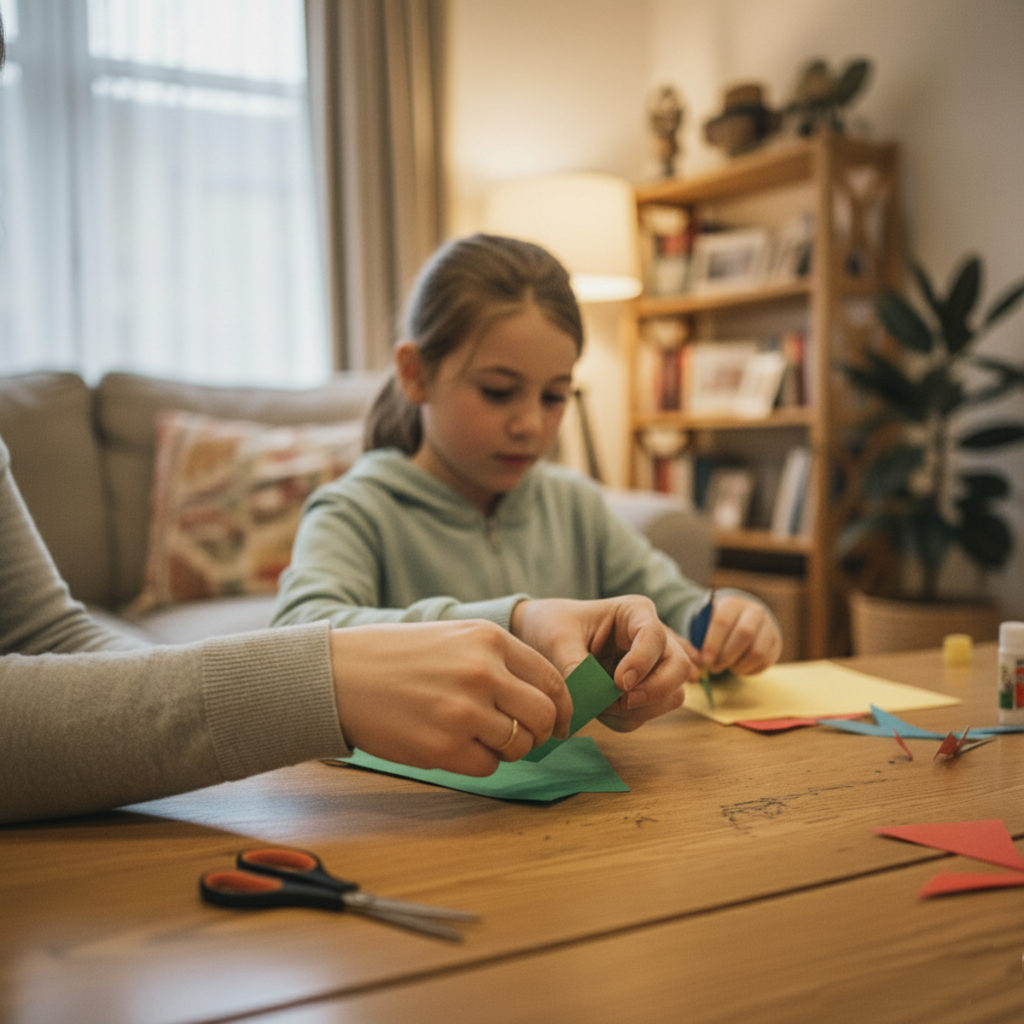 A girl aged around 8-10 sits at a large wooden table, working on paper crafts. Alongside her, the side view of an adult can just be seen. They are in a relaxed, homely environment.