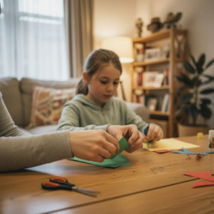 A girl aged around 8-10 sits at a large wooden table, working on paper crafts. Alongside her, the side view of an adult can just be seen. They are in a relaxed, homely environment.