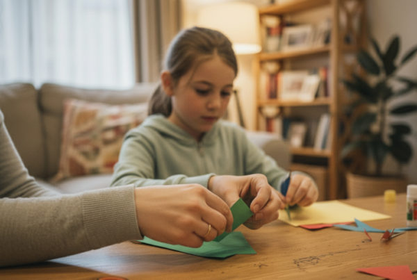 A girl aged around 8-10 sits at a large wooden table, working on paper crafts. Alongside her, the side view of an adult can just be seen. They are in a relaxed, homely environment.