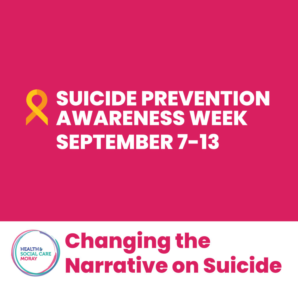 A graphic with Suicide Prevention Awareness Week September 7-13 in white against a pink background, along a gold ribbon symbol.