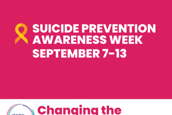 A graphic with Suicide Prevention Awareness Week September 7-13 in white against a pink background, along a gold ribbon symbol.