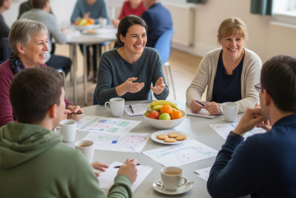 A group of people of different ages are seated around a table in a village hall, involved in an animated discussion. There are papers with writing on them, coffee cups and a plate of biscuits on the table.