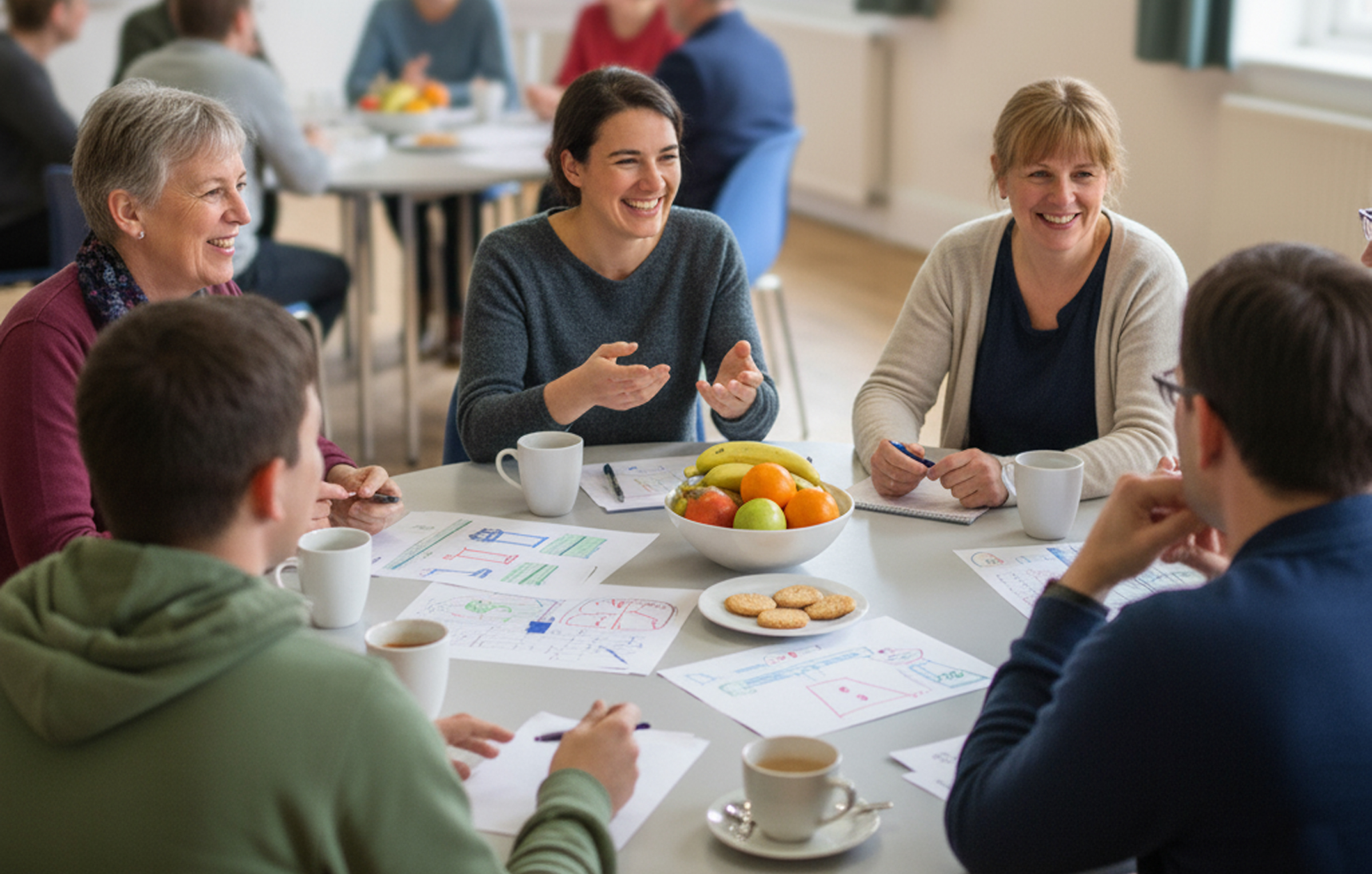 A group of people of different ages are seated around a table in a village hall, involved in an animated discussion. There are papers with writing on them, coffee cups and a plate of biscuits on the table.