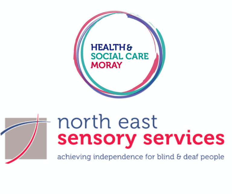 Images shows the logos of the organisations Health & Social Care Moray and North East Sensory Services