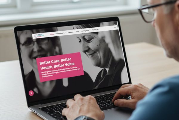 A laptop is open on a table and the screen shows the home page of the Health & Social Care Moray website. Sitting typing at the laptop is a man with glasses wearing a blue top, seen in side profile.