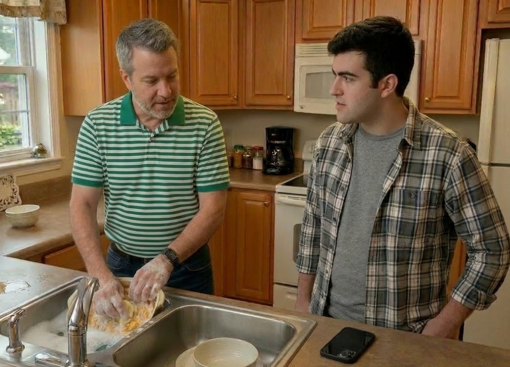 Two men, one middle aged and the other in his early 20s, are in the kitchen of a house, washing dishes and talking. Both are dressed for relaxing.