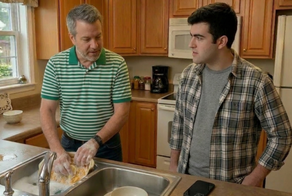 Two men, one middle aged and the other in his early 20s, are in the kitchen of a house, washing dishes and talking. Both are dressed for relaxing.