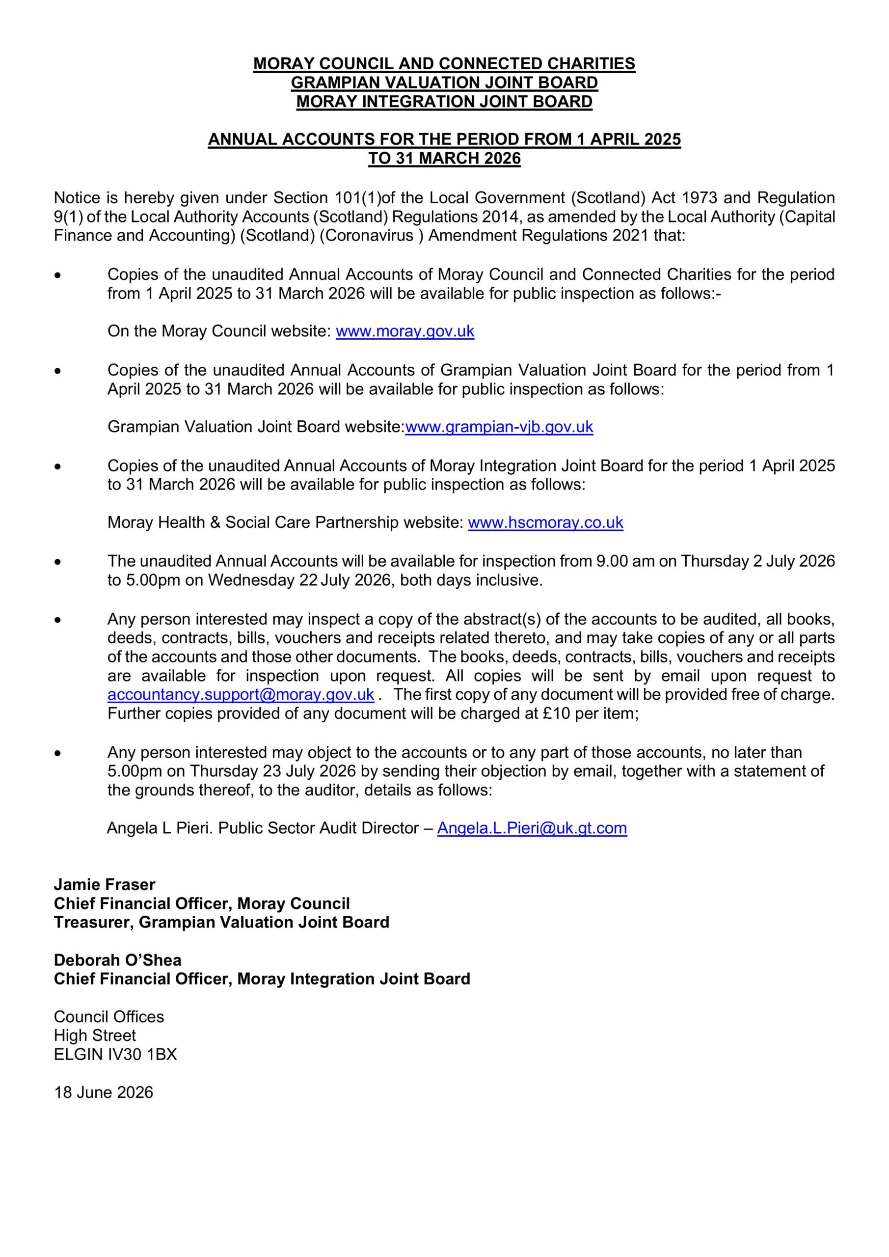 Public notice detailing the publication of the unaudited accounts.
